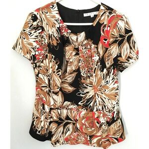 Trina Turk Blouse Womens 8 Black Bold Floral Peplum Short Sleeve Lined Made USA
